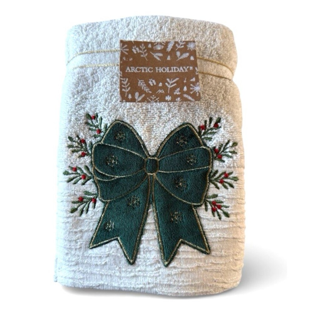 Arctic Holiday Christmas Hand Towels Velvet Green Bow Mistletoe 2 Pc Embroidered